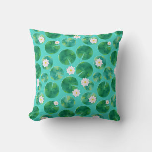 White Water Lily Flowers & Lily Pad Pattern Cushion