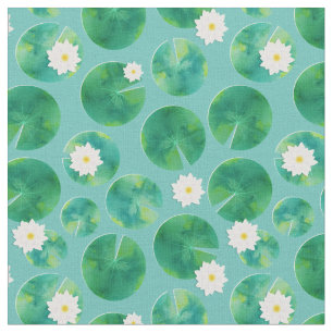 White Water Lily Flowers & Lily Pad Pattern Fabric