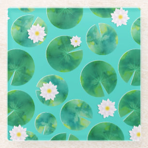 White Water Lily Flowers & Lily Pad Pattern Glass Coaster