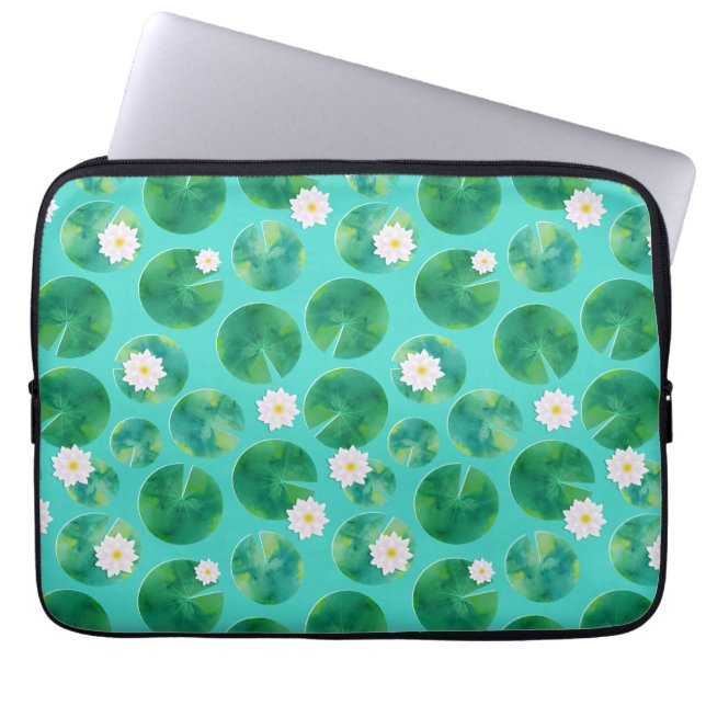 White Water Lily Flowers & Lily Pad Pattern Laptop Sleeve (Front)