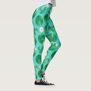 White Water Lily Flowers & Lily Pad Pattern Leggings