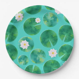 White Water Lily Flowers & Lily Pad Pattern Paper Plate