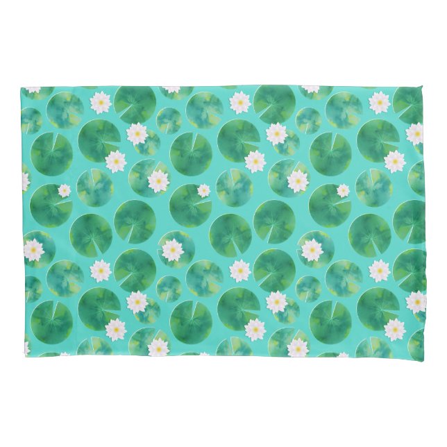 White Water Lily Flowers & Lily Pad Pattern Pillowcase (Front)