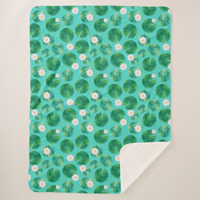 White Water Lily Flowers & Lily Pad Pattern Sherpa Blanket (Front)