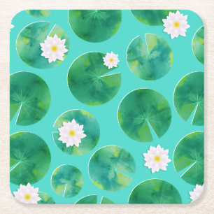 White Water Lily Flowers & Lily Pad Pattern Square Paper Coaster