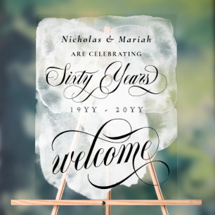 White Watercolor 60th Wedding Anniversary Welcome Acrylic Sign