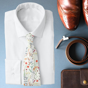 White Watercolor Botanical Floral Wedding Tie