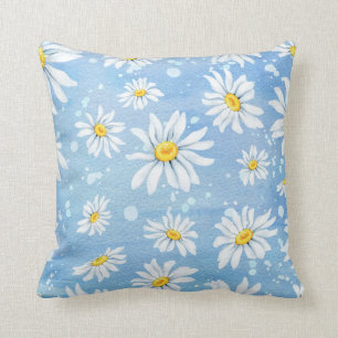 White Watercolor Daisies Cushion