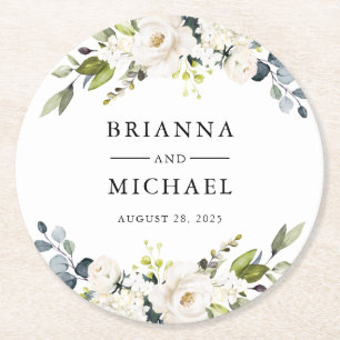White Watercolor Floral Bride and Groom Names Round Paper Coaster