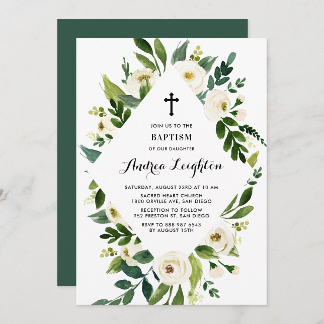 White Watercolor Floral Leaves Frame Baptism Invitation (Front/Back)