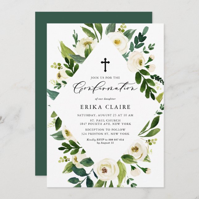 White Watercolor Floral Leaves Frame Confirmation Invitation (Front/Back)