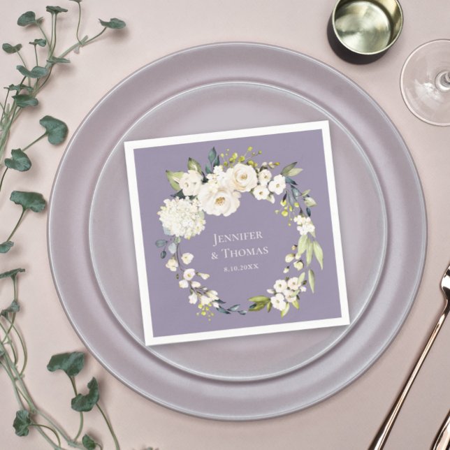White Watercolor Floral on Lavender Wedding Napkin (Creator Uploaded)