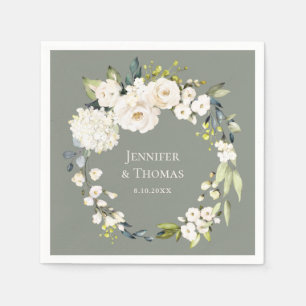 White Watercolor Floral on Sage Green Wedding Napkin