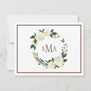 White Watercolor Floral Wreath Elegant Monogram Card