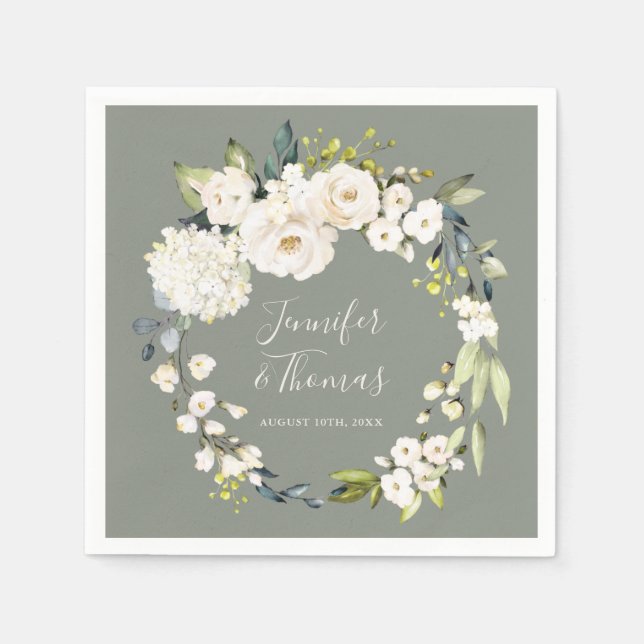 White Watercolor Floral Wreath on Sage Green Napkin (Front)