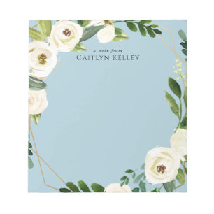 White Watercolor Flowers, Blue Personalised Notepad