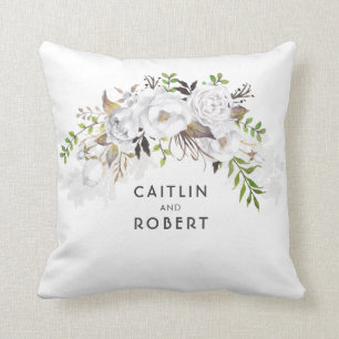 White Watercolor Flowers Elegant Romantic Cushion