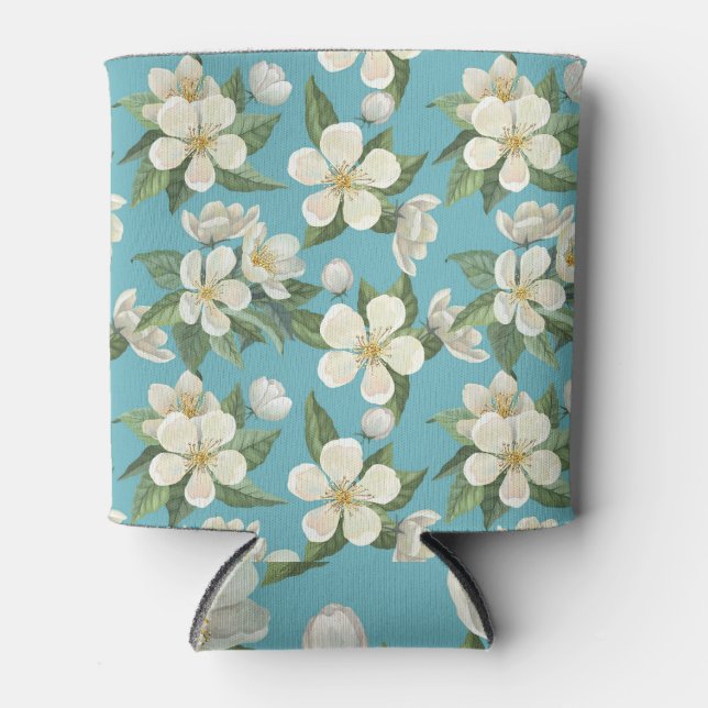 White Watercolor Flowers Green Leaves Can Cooler (Front)