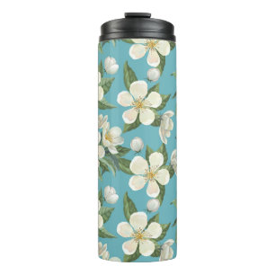 White Watercolor Flowers Green Leaves Thermal Tumbler