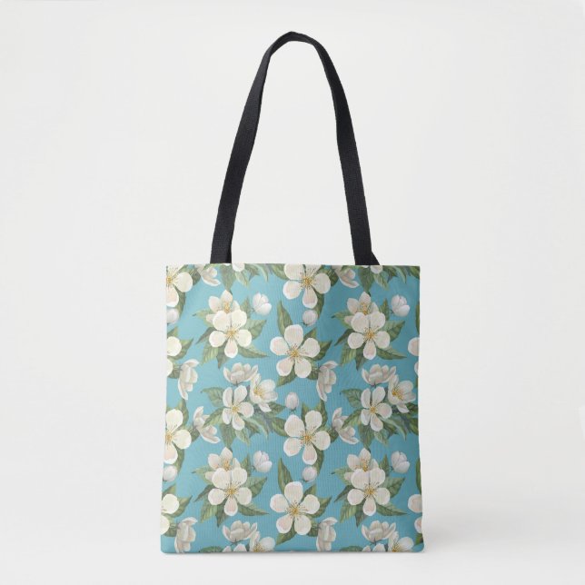 White Watercolor Flowers Green Leaves Tote Bag (Front)