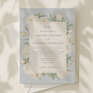 White watercolor Flowers, light blue  wedding  Invitation