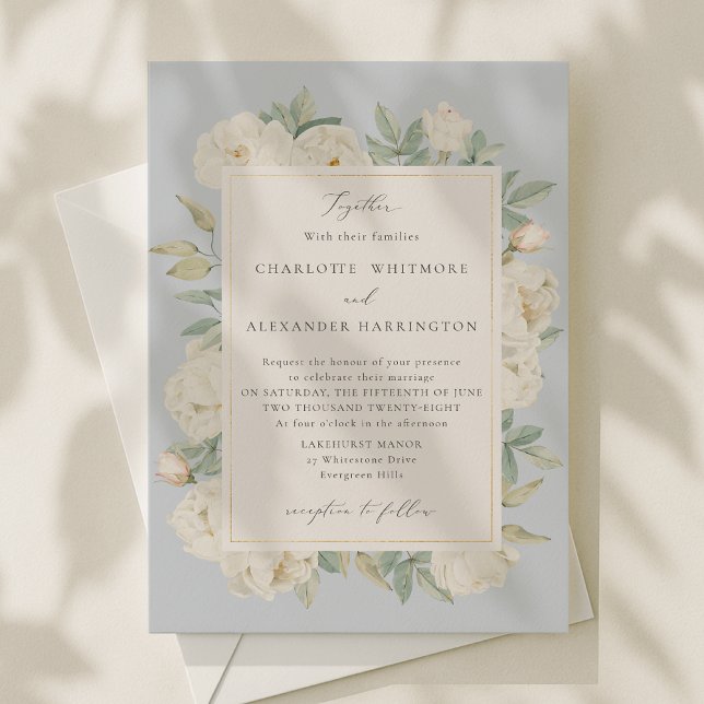 White watercolor Flowers, light blue  wedding  Invitation (Creator Uploaded)