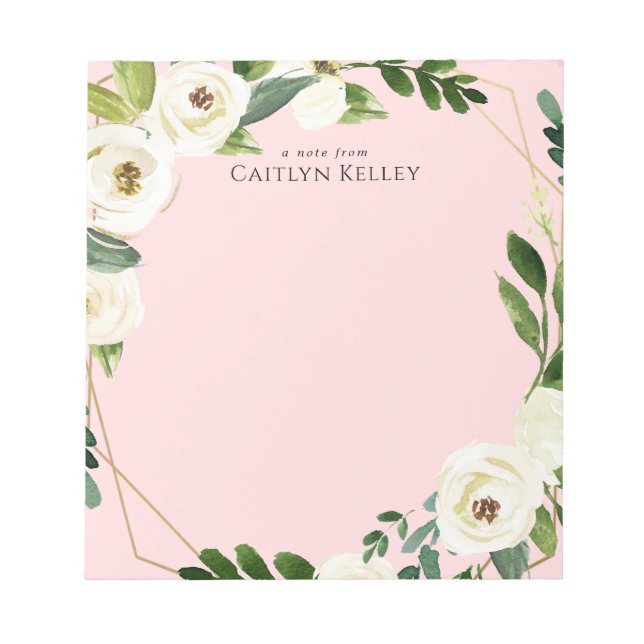White Watercolor Flowers, Pink Personalised Notepad (Front)