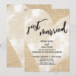 White Watercolor Heart Just Married Burlap Party Invitation