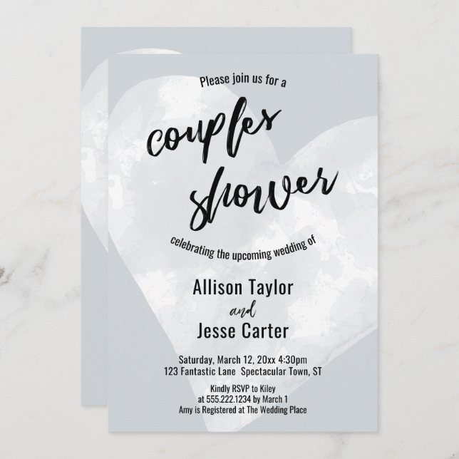 White Watercolor Heart Light Grey Couples Shower Invitation (Front/Back)