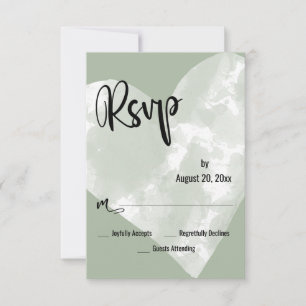 White Watercolor Heart Sage Green Wedding RSVP Card