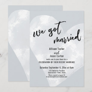 White Watercolor Heart We Got Married on Grey Invitation