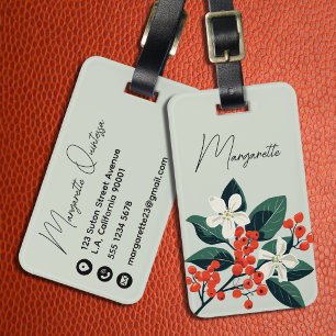 White Watercolor Holly Flowers Elegant Calligraphy Luggage Tag