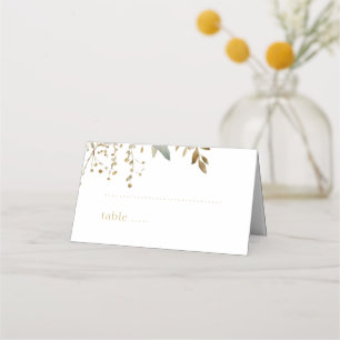 White   Watercolor Imitation Gold Foliage Wedding  Place Card