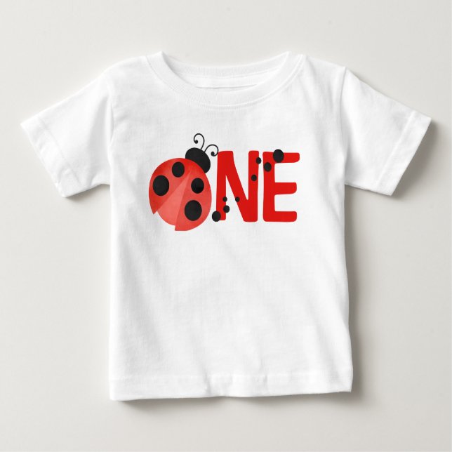 White Watercolor Ladybug ONE 1st Birthday T-Shirt (Front)