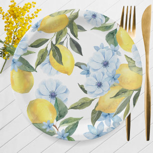 White Watercolor Lemon and Flower Paper Plate