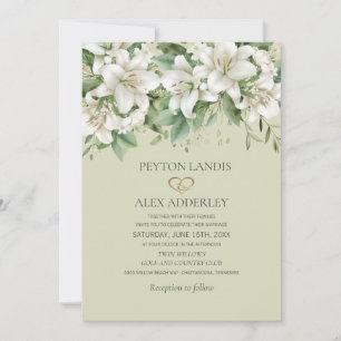 White Watercolor Lilies Greenery Gold Wedding Invitation
