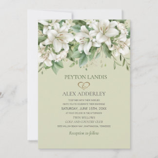 White Watercolor Lilies Greenery Gold Wedding Invitation