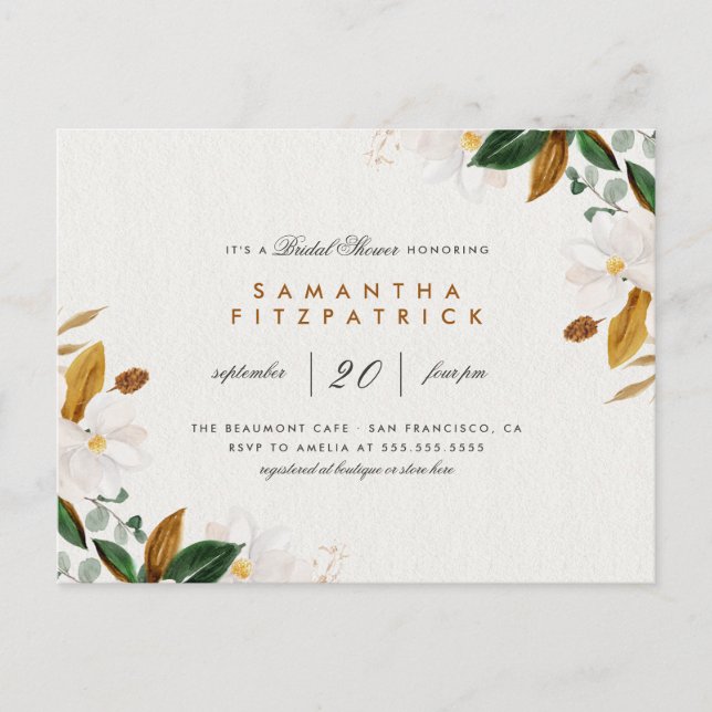White Watercolor Magnolia Floral Bridal Shower Invitation Postcard (Front)