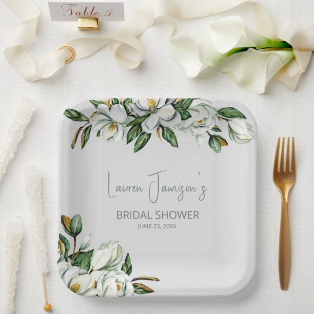 White Watercolor Magnolia Greenery Bridal Shower Paper Plate (Wedding)