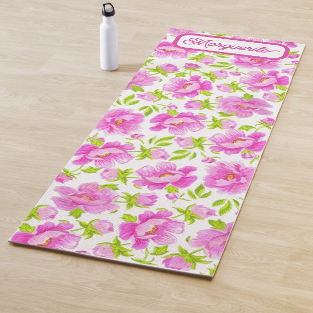 White Watercolor Peonies Floral Personalized Yoga Mat (In Situ)