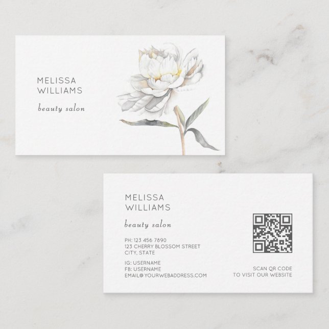 White Watercolor Peony Flower Business Card (Front/Back)