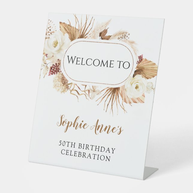 White Watercolour Flowers Pampas Grass Birthday  Pedestal Sign (Front)
