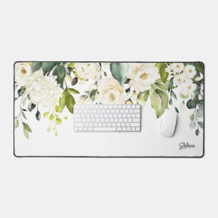 White Watercolour Hydrangea and Roses Personalised Desk Mat