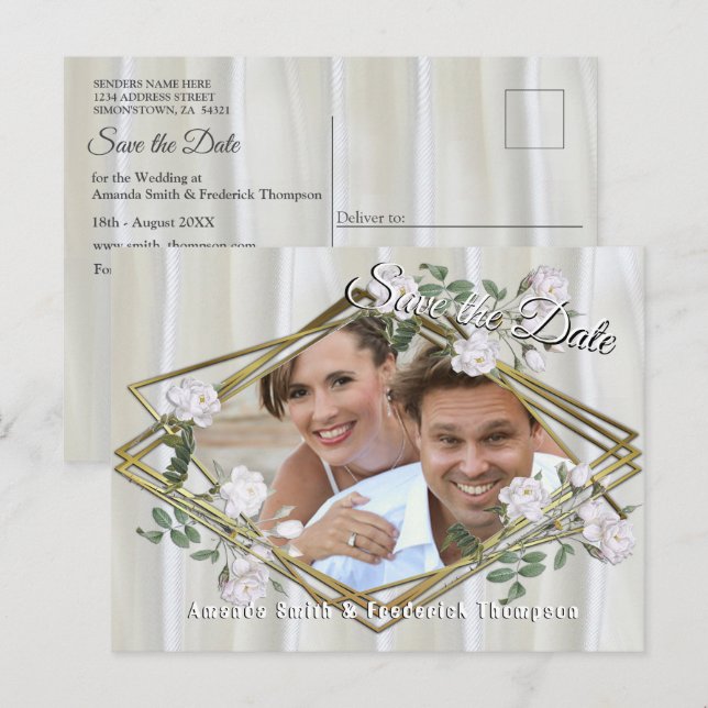 White Watercolour Roses painted on Champagne Silk Announcement Postcard (Front/Back)