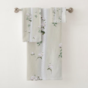 White Watercolour Roses painted on Champagne Silk Bath Towel Set
