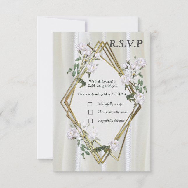White Watercolour Roses painted on Champagne Silk RSVP Card (Front)