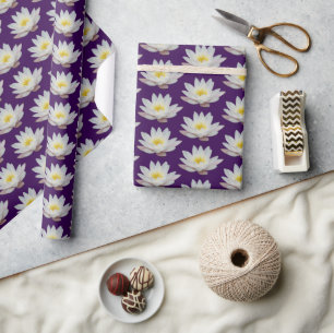 White Waterlilies on Dark Purple Background Wrapping Paper
