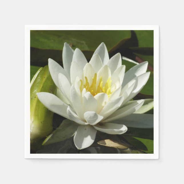 White Waterlily and Bud Floral Napkin (Front)