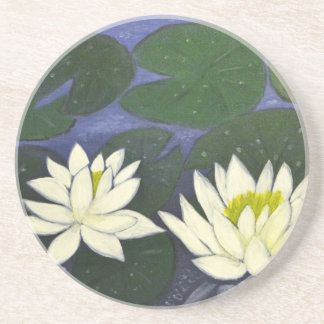 White Waterlily Flowers, Acrylic painting Coaster