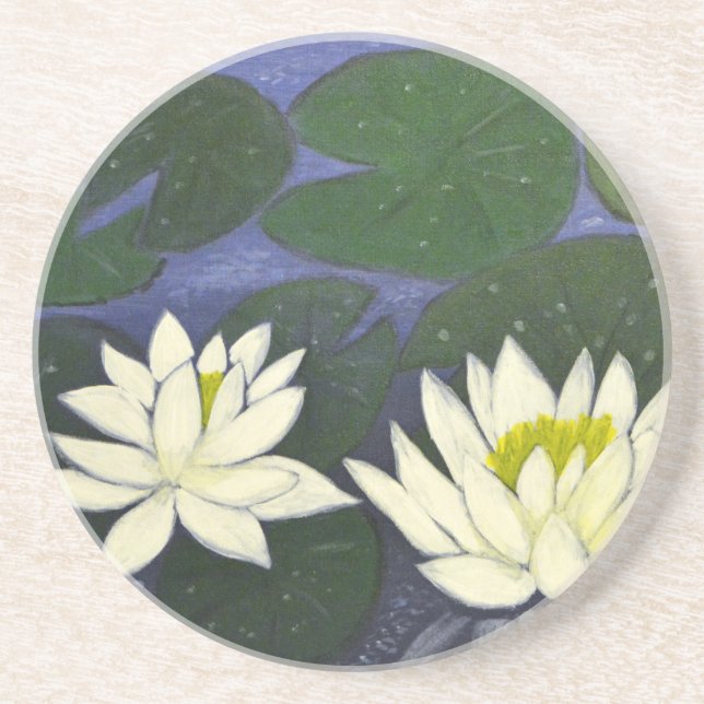 White Waterlily Flowers, Acrylic painting Coaster (Front)